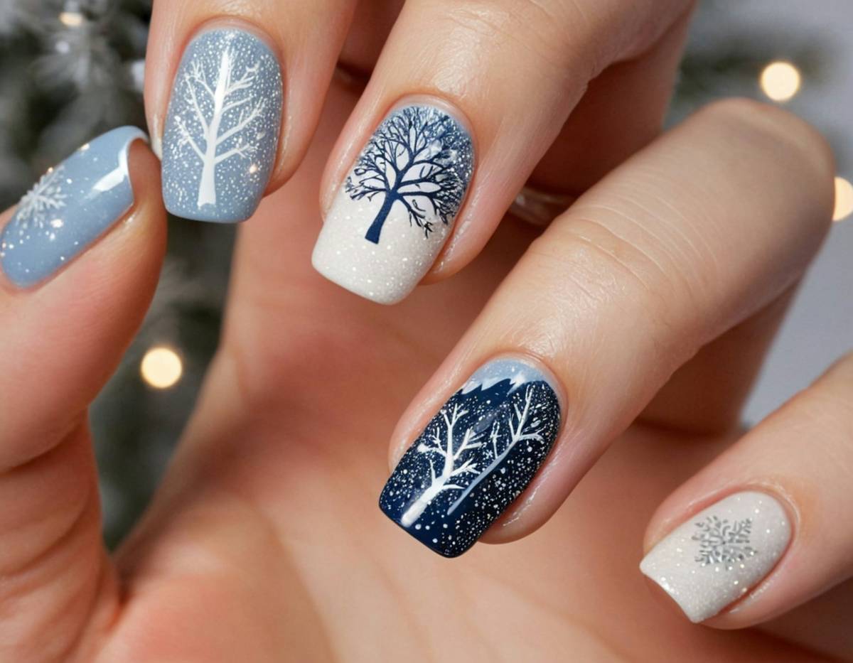 Close-up of hand using manicure stencil patterns on natural nails with geometric design